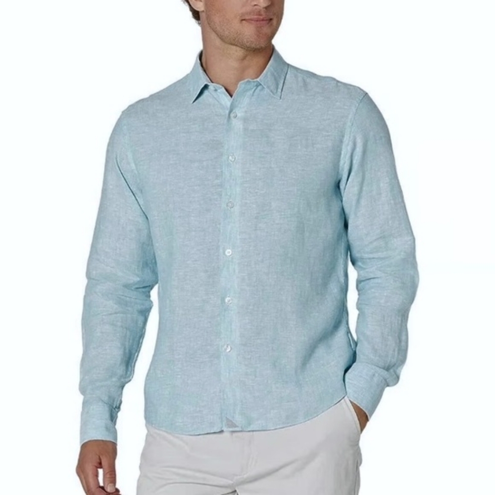 UNTUCKit 100% Linen Light Blue Casual Button Down Collared Fraconia Shirt Medium